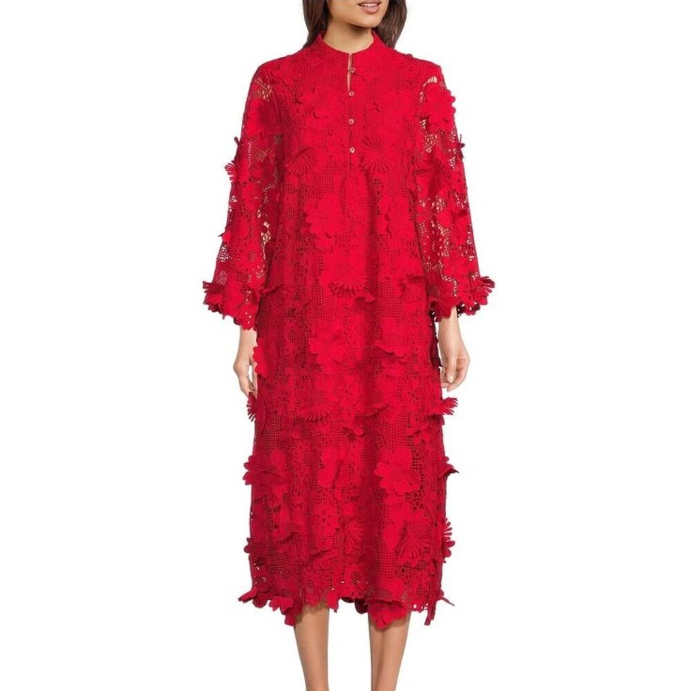 Red Lace Midi Dress with Textured Floral Appliqué